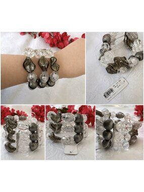 NY & CO Chunky WIde Clear Bead Bangle Pewter Silver-Tone Bracelet Stretch NEW